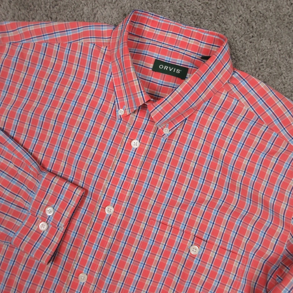 Orvis Shirt Mens XL Red Plaid Oxford Cotton Pocket Casual Office Work Button Up